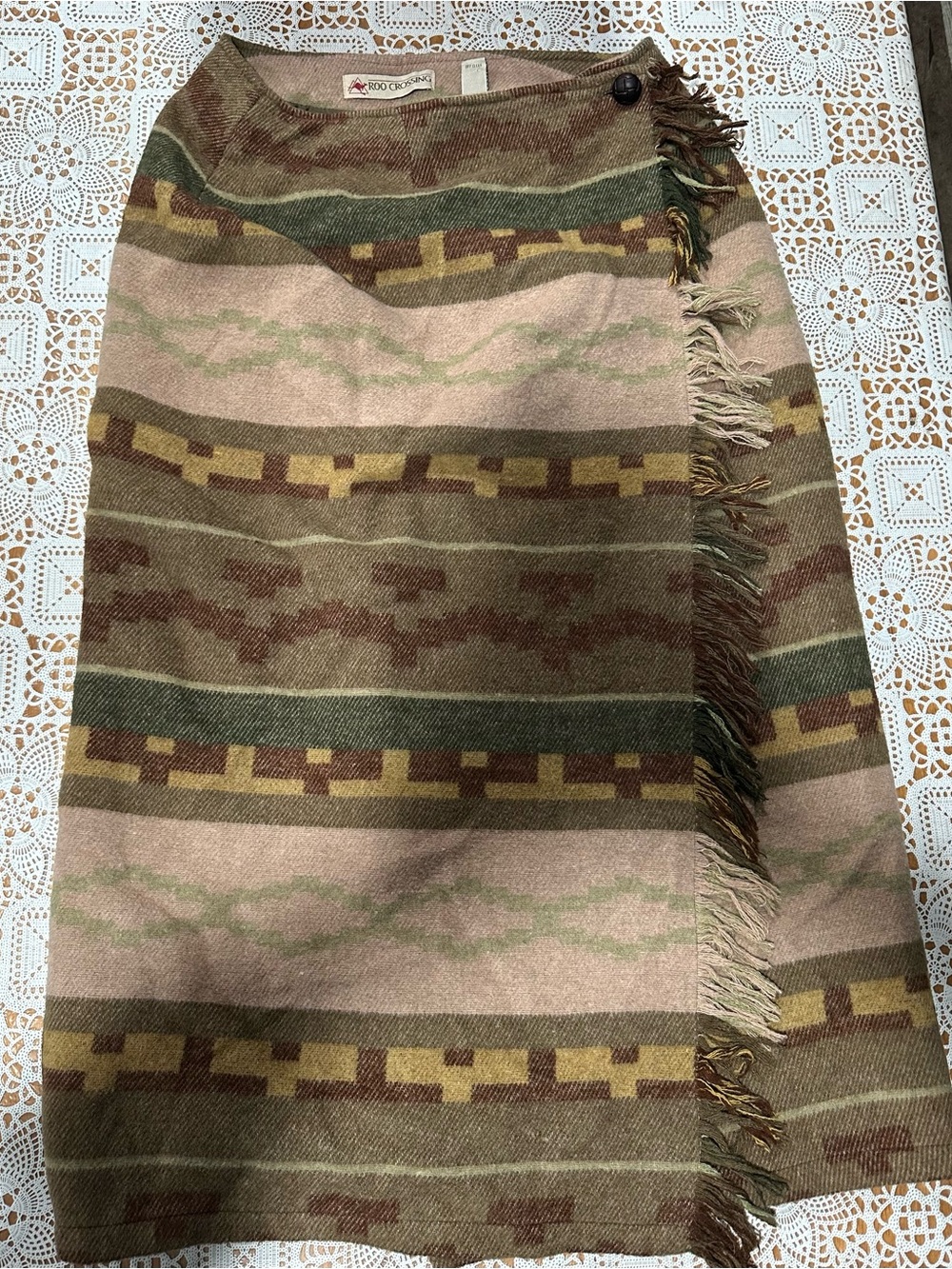 Vintage Roo Crossing Wool Blend Southwestern Fringe Wrap Midi Skirt Size 4
